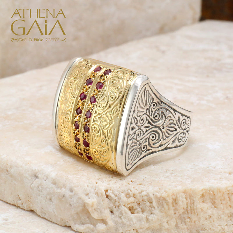 Anthemion Ring with Pave Stones - 18k Gold & Sterling Silver Ring - Cocktail Ring