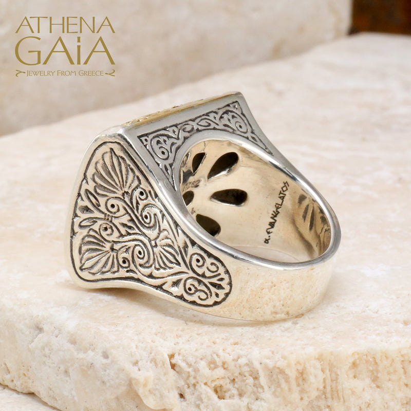 Anthemion Ring with Pave Stones - 18k Gold & Sterling Silver Ring - Cocktail Ring