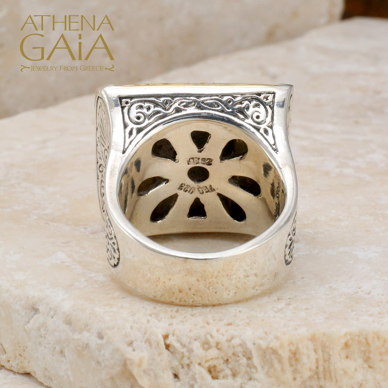 Anthemion Ring with Pave Stones - 18k Gold & Sterling Silver Ring - Cocktail Ring