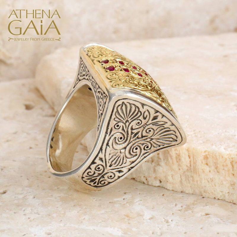 Anthemion Ring with Pave Stones - 18k Gold & Sterling Silver Ring - Cocktail Ring