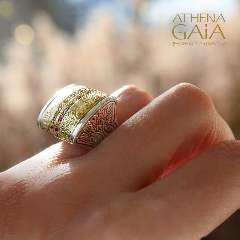 Anthemion Ring with Pave Stones - 18k Gold & Sterling Silver Ring - Cocktail Ring