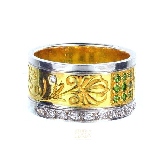 Diamond Row Stone Field Ring - 18k Gold Ring - Cigar Band Ring