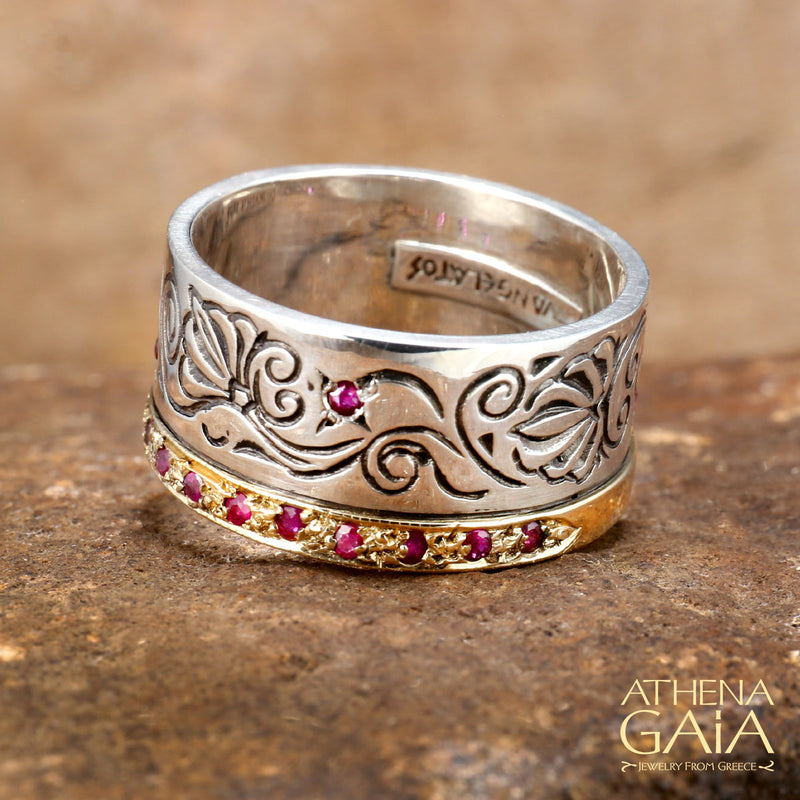 Flower Vine Ring - 18k Gold & Sterling Silver Ring - Cigar Band Ring