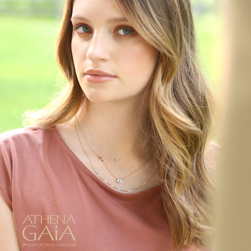 Cross & Angeliki White Matiaki Evil Eye Necklace - 14k Gold Necklace