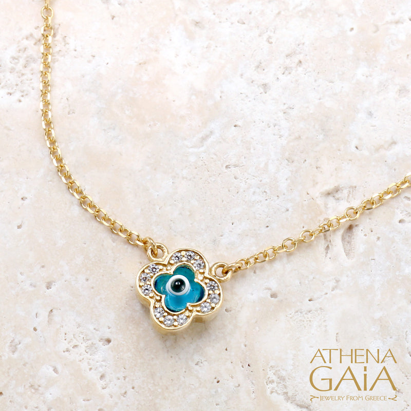 Cross & Faith Stone-Edge Evil Eye Necklace - 14k Gold Necklace