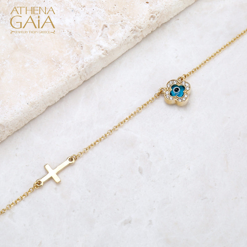 Cross & Faith Stone-Edge Evil Eye Necklace - 14k Gold Necklace