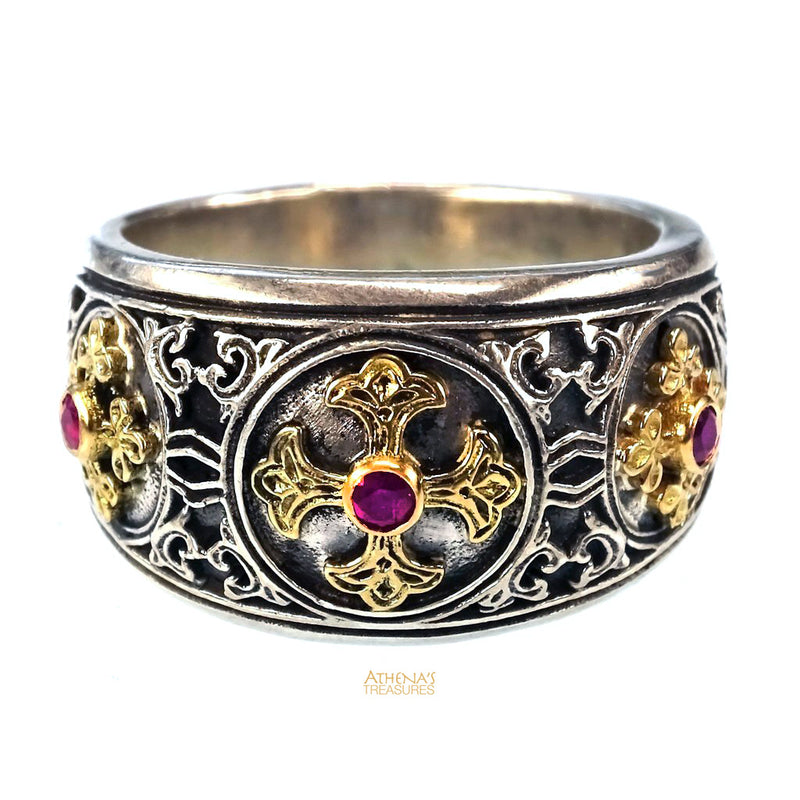 Triple Cross Eastern Ruby Ring 18k Gold & Sterling Silver Ring - Cigar Band Ring