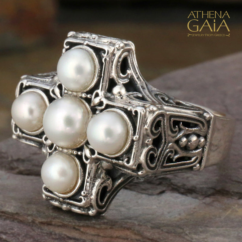 Pearl Eastern Cross Ring - Sterling Silver Ring - Cocktail Ring