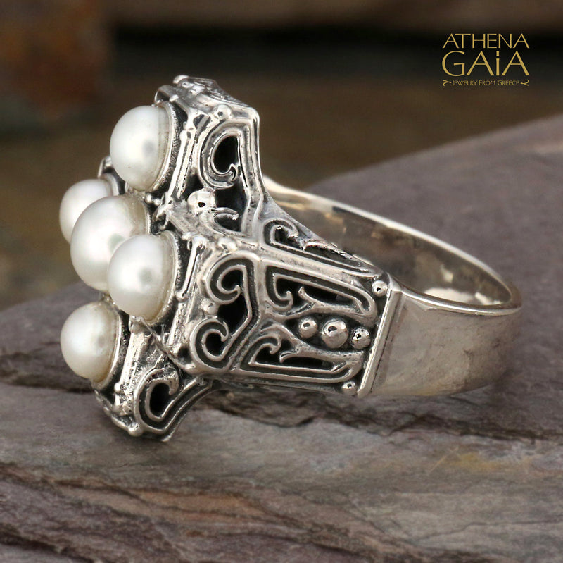 Pearl Eastern Cross Ring - Sterling Silver Ring - Cocktail Ring