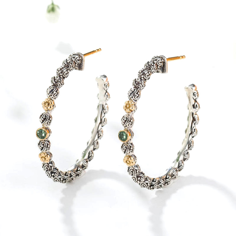 Wild Flowers Single Round Stone Earrings (Large) - 18k Gold & Sterling Silver - Hoop Earrings