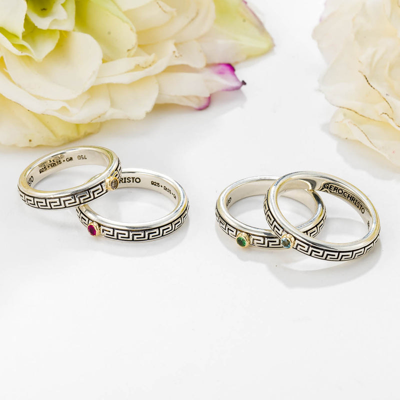 Meander with Gemstone Band Ring - 18k Gold & Sterling Silver Ring - Stackable Ring