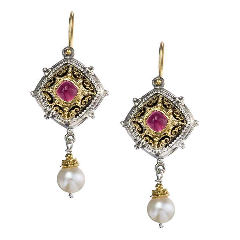 Byzantine Long Earrings with Stones and Pearls - 18k Gold and Sterling Silver - Pearl Drop Earrings
