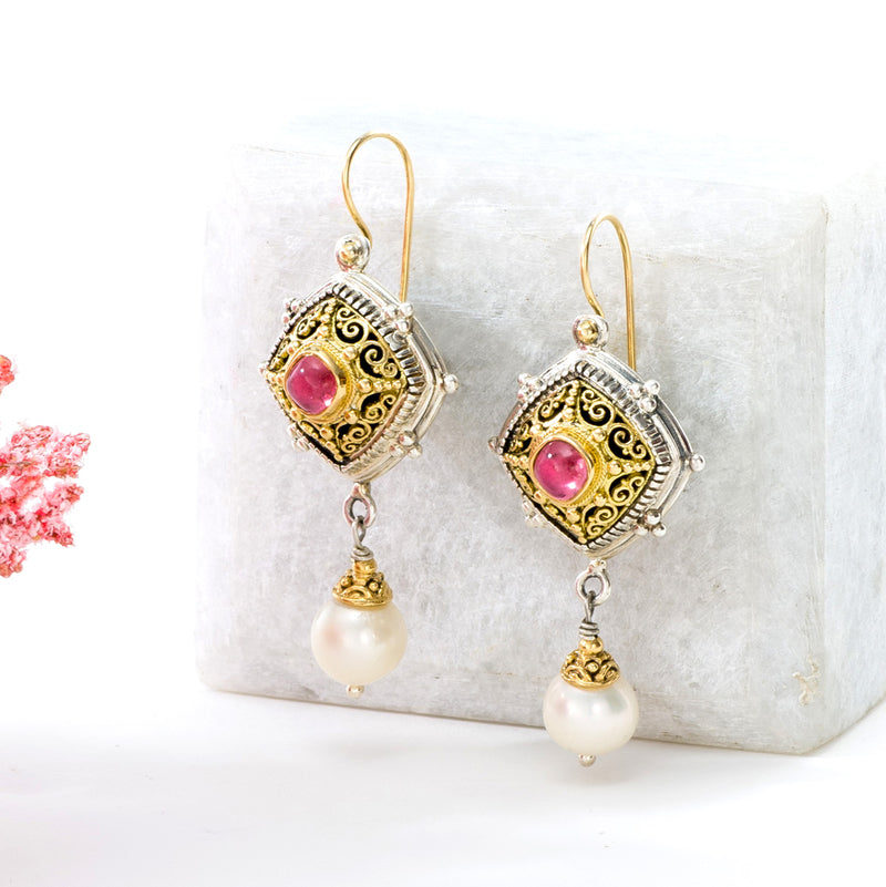 Byzantine Long Earrings with Stones and Pearls - 18k Gold and Sterling Silver - Pearl Drop Earrings