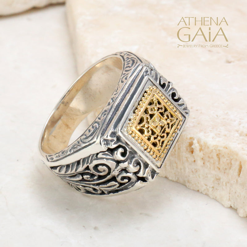 Garden Shadows Small Square Ring - 18k Gold & Sterling Silver Ring - Club Ring