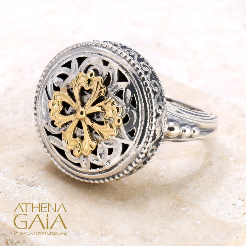 Floral Cross Argonaut Golden Clover Ring - 18k Gold & Sterling Silver Ring - Cocktail Ring