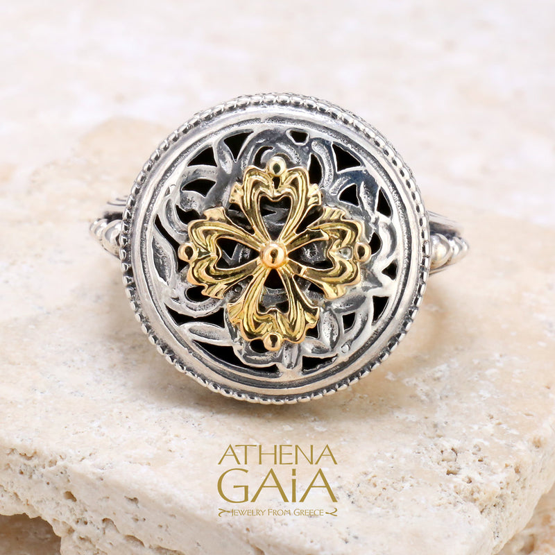 Floral Cross Argonaut Golden Clover Ring - 18k Gold & Sterling Silver Ring - Cocktail Ring