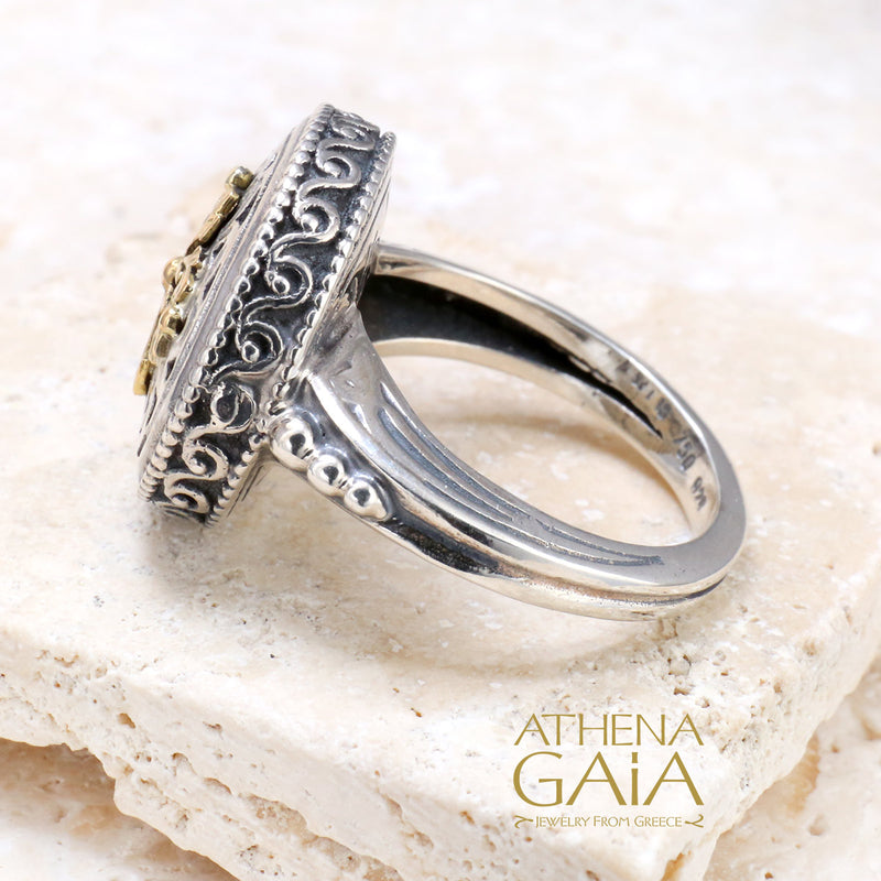 Floral Cross Argonaut Golden Clover Ring - 18k Gold & Sterling Silver Ring - Cocktail Ring