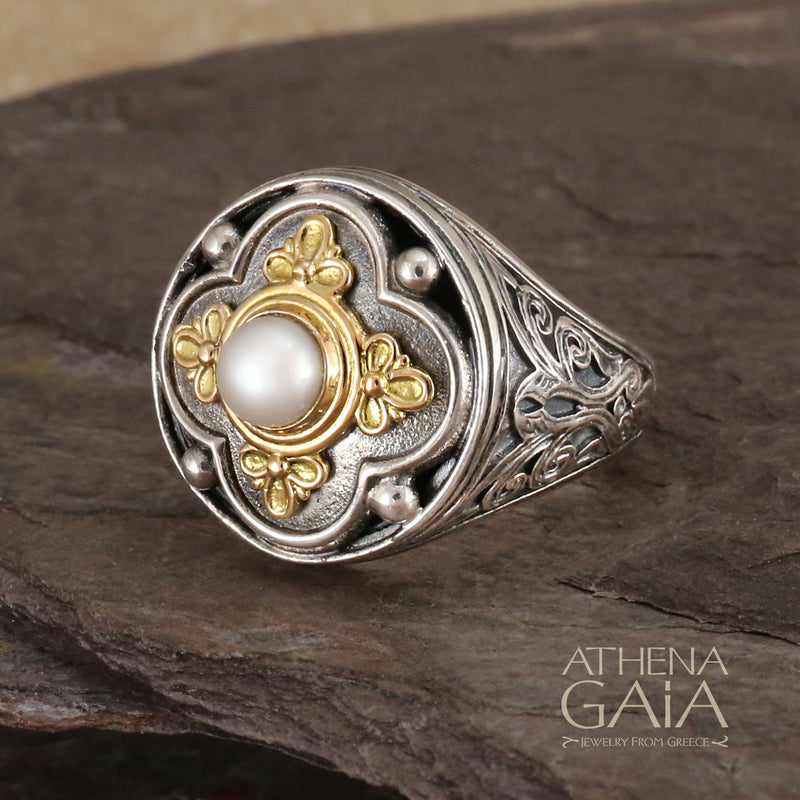 Athenian Flower Circle Ring - 18k Gold & Sterling Silver Ring - Cocktail Ring