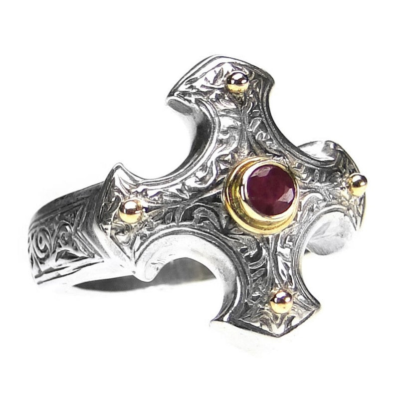 Gold Point Stone Cross Ring - Sterling Silver Ring - Signet Ring