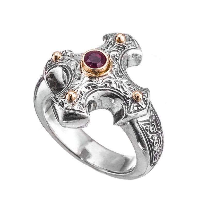 Gold Point Stone Cross Ring - Sterling Silver Ring - Signet Ring