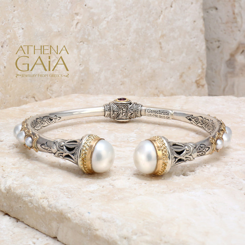 Santorini Pearl Sided Bracelet - 18k Gold and Sterling Silver - Hinged Bangle Bracelet