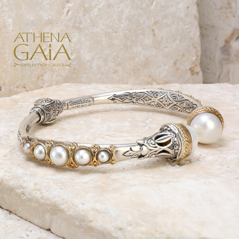 Santorini Pearl Sided Bracelet - 18k Gold and Sterling Silver - Hinged Bangle Bracelet