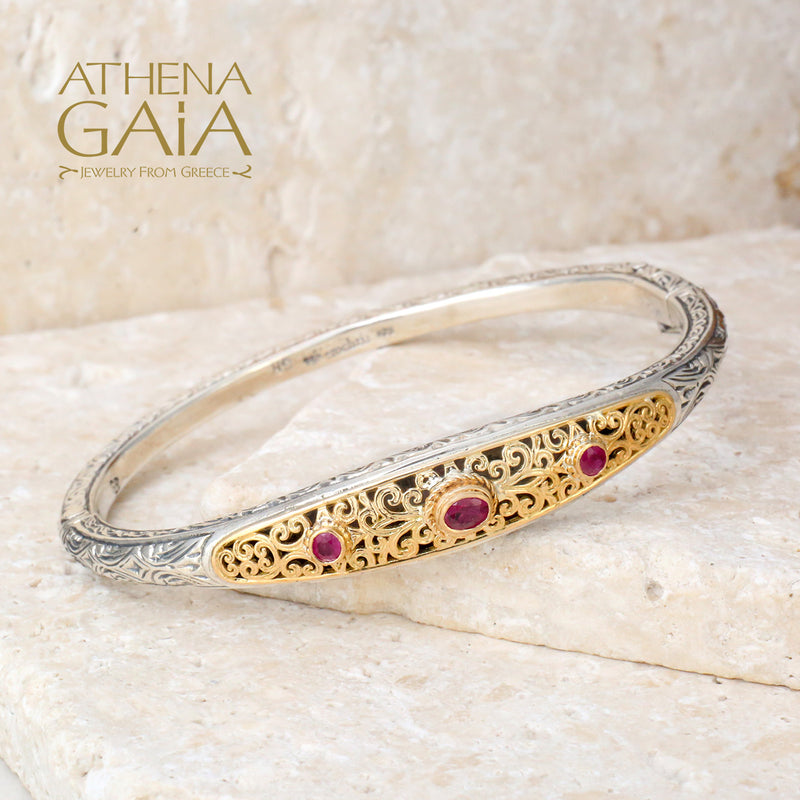 Mediterranean Ruby Bracelet - 18k Gold and Sterling Silver - Hinged Bangle Bracelet