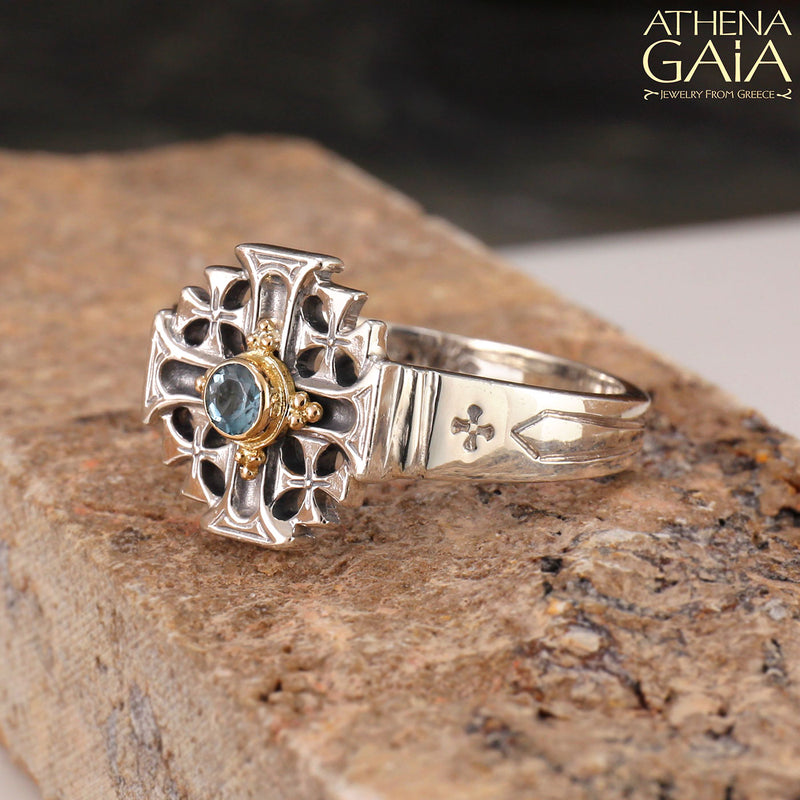 Jerusalem Cross Ring - 18k Gold & Sterling Silver Ring - Signet Ring