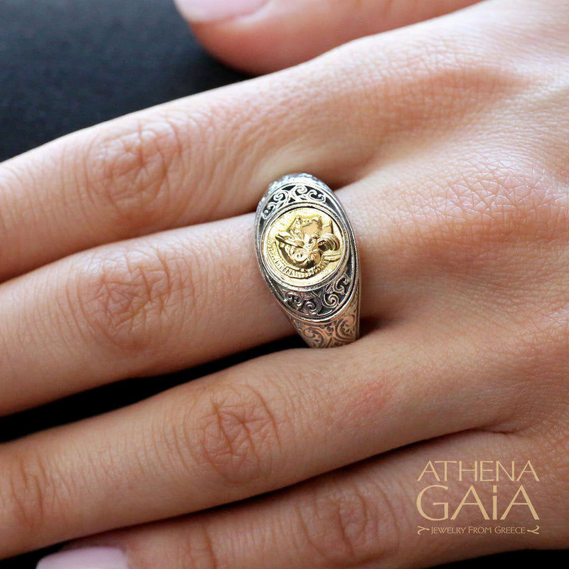Athena Band Ring - 18k Gold & Sterling Silver Ring - Signet Ring