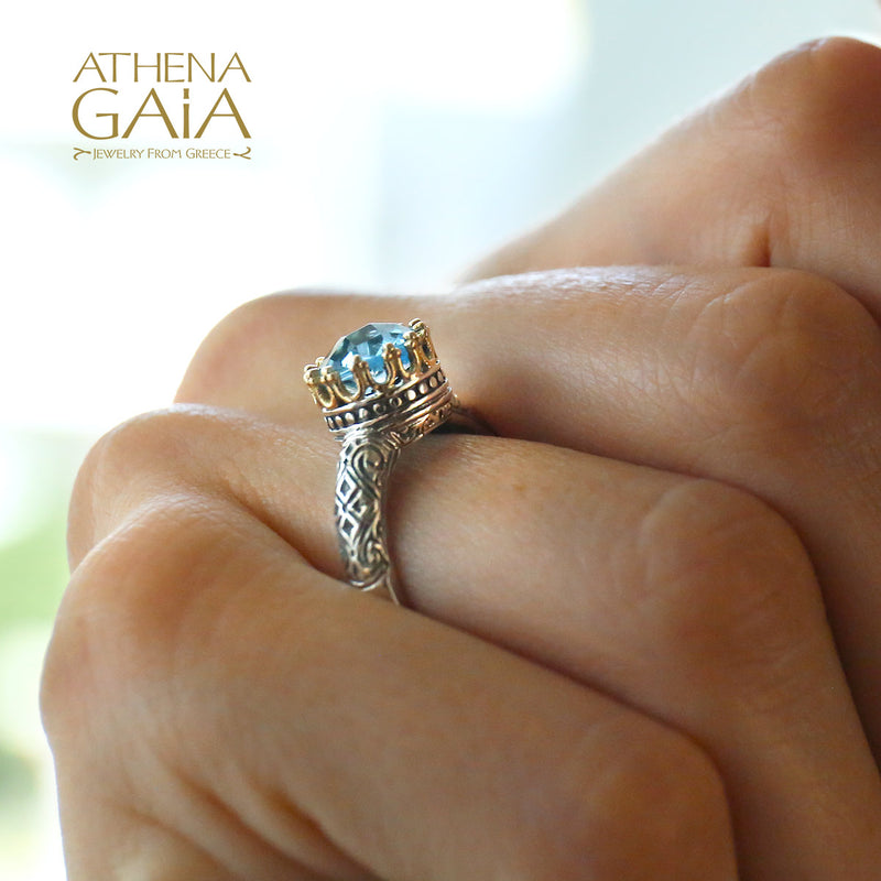 Etched Tall Crown Ring - 18k Gold & Sterling Silver Ring - Cocktail Ring