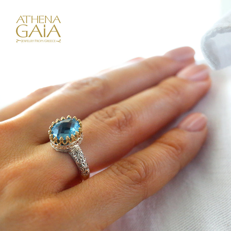 Etched Tall Crown Ring - 18k Gold & Sterling Silver Ring - Cocktail Ring