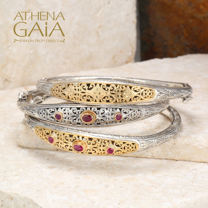 Mediterranean Bracelet - 18k Gold and Sterling Silver - Hinged Bangle Bracelet