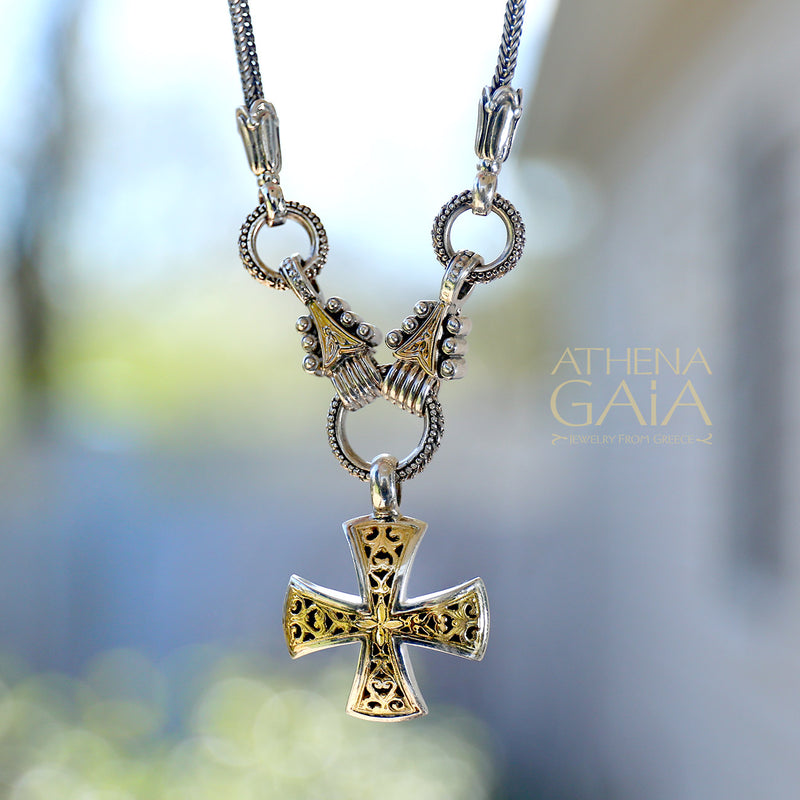Garden Shadows Filigree Cross Necklace - 18k Gold & Sterling Silver  - Maltese Cross