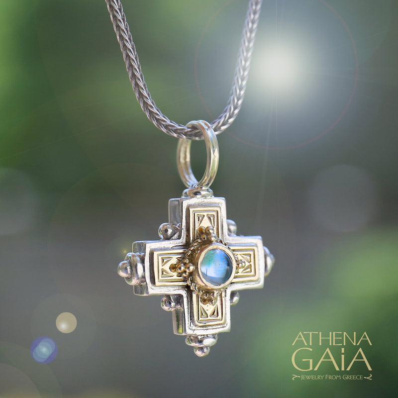 Rustic Stone Cross (Small) - 18k Gold & Sterling Silver - Greek Cross Necklace