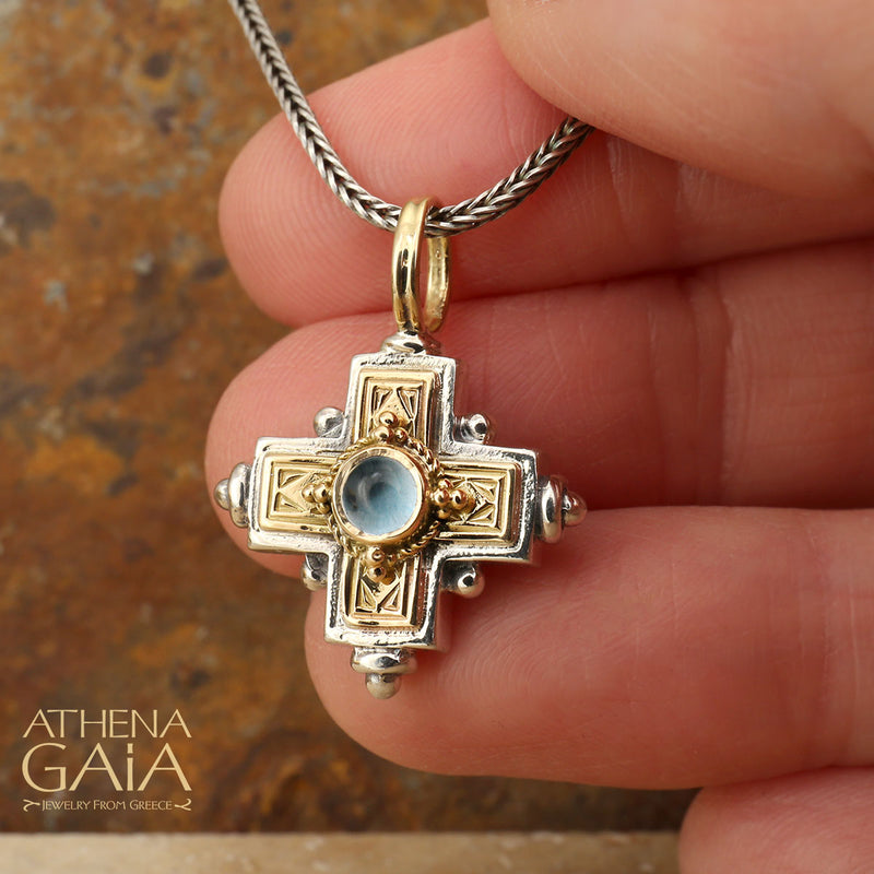 Rustic Stone Cross (Small) - 18k Gold & Sterling Silver - Greek Cross Necklace