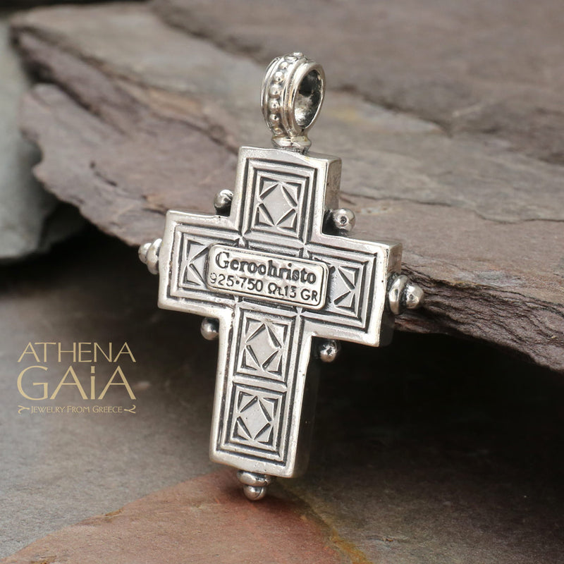 Rustic Center Stone Silver Cross- Sterling Silver & 18k Gold - Latin Cross