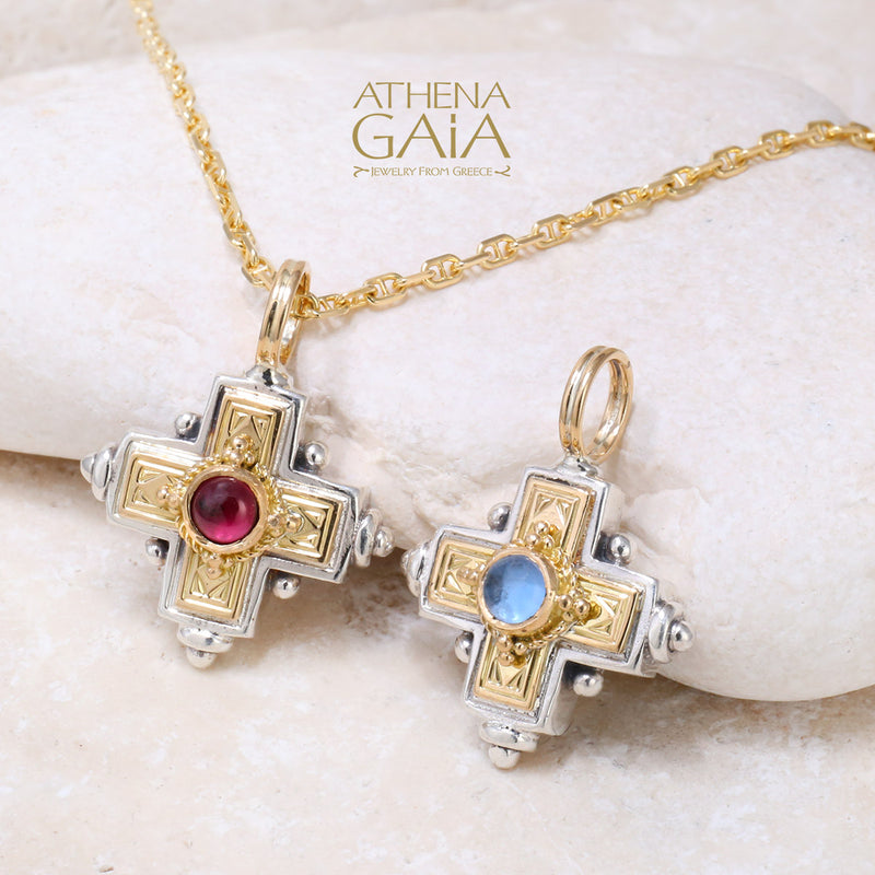 Rustic Stone Cross (Small) - 18k Gold & Sterling Silver - Greek Cross Necklace