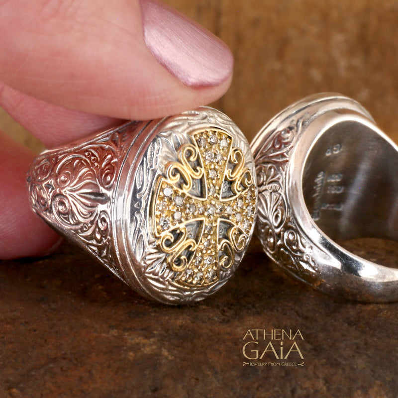 Diamond Cross Synergy Ring - 18k Gold & Sterling Silver Ring - Cocktail Ring