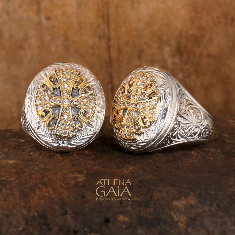 Diamond Cross Synergy Ring - 18k Gold & Sterling Silver Ring - Cocktail Ring