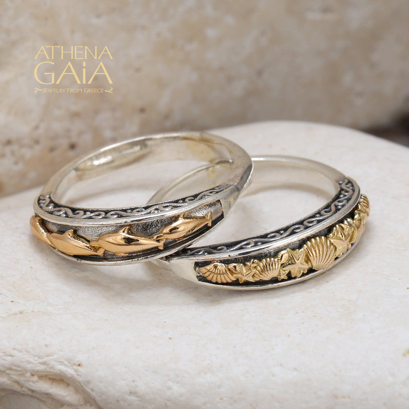 Thalassa Dolphins Band Ring - 18k Gold & Sterling Silver Ring - Stackable Ring