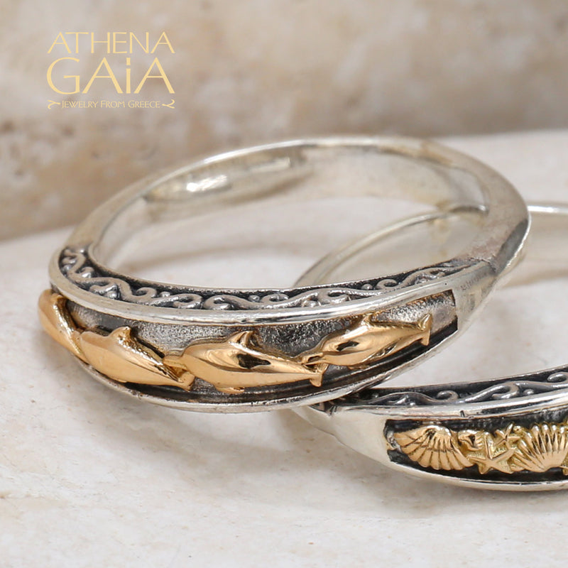 Thalassa Dolphins Band Ring - 18k Gold & Sterling Silver Ring - Stackable Ring