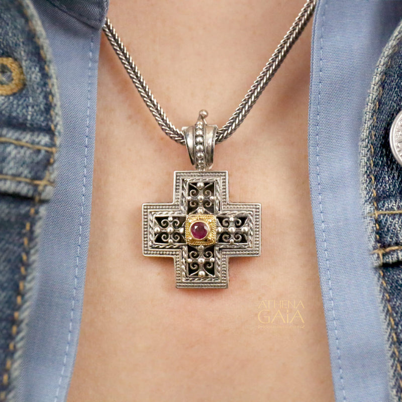 Filigree Greek Cross - 18k Gold and Sterling Silver - Greek Cross