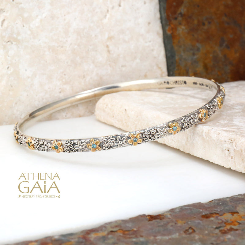 Wild Flowers Stone Bracelet - 18k Gold and Sterling Silver - Solid Bangle Bracelet