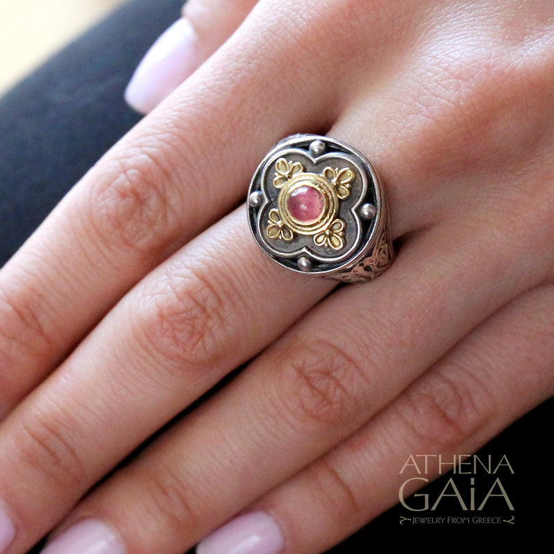 Athenian Flower Circle Ring - 18k Gold & Sterling Silver Ring - Cocktail Ring
