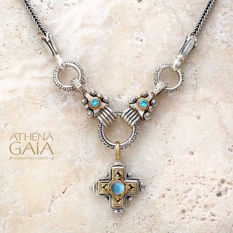 Rustic Stone Cross (Small) - 18k Gold & Sterling Silver - Greek Cross Necklace