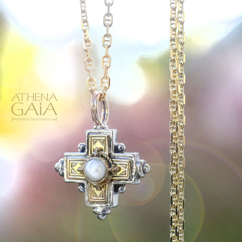 Rustic Stone Cross (Small) - 18k Gold & Sterling Silver - Greek Cross Necklace