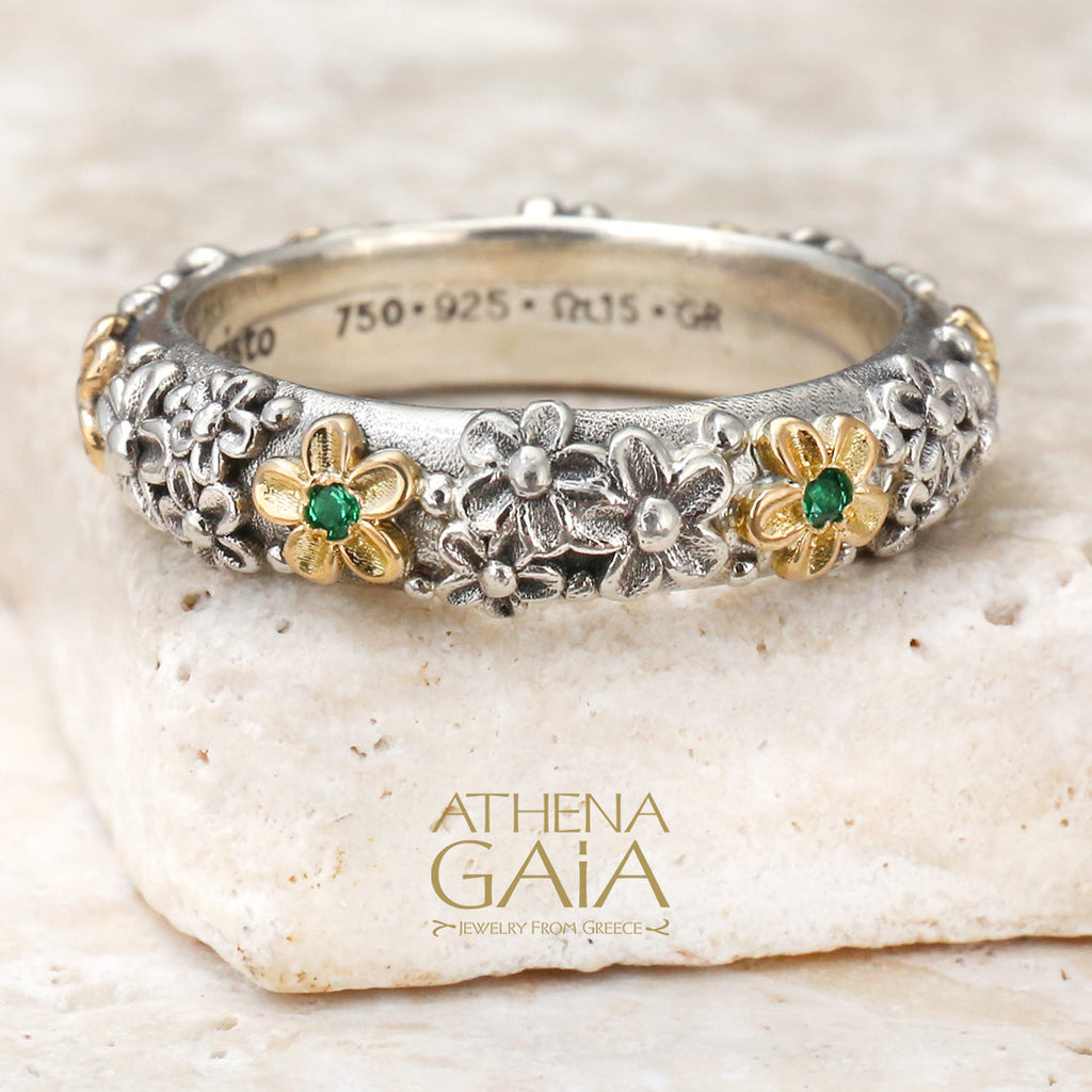 Wild Flowers Stone Band Ring - 18k Gold & Sterling Silver Ring - Stackable Ring (In-Stock)