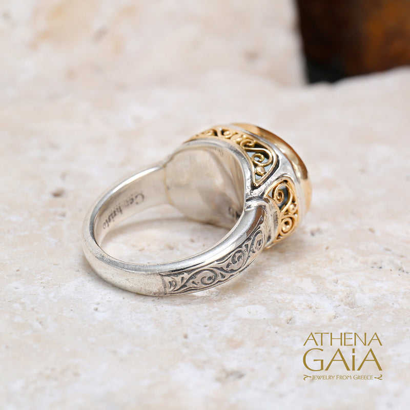 Topaz Filigree Side Rectangle Ring - 18k Gold & Sterling Silver Ring - Cocktail Ring