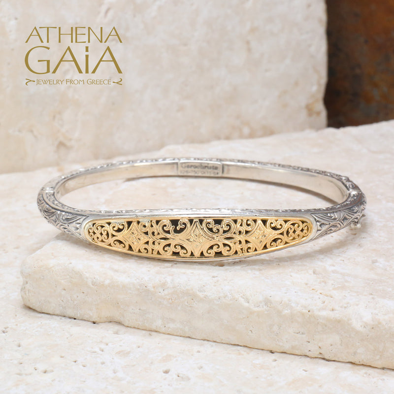 Mediterranean Bracelet - 18k Gold and Sterling Silver - Hinged Bangle Bracelet