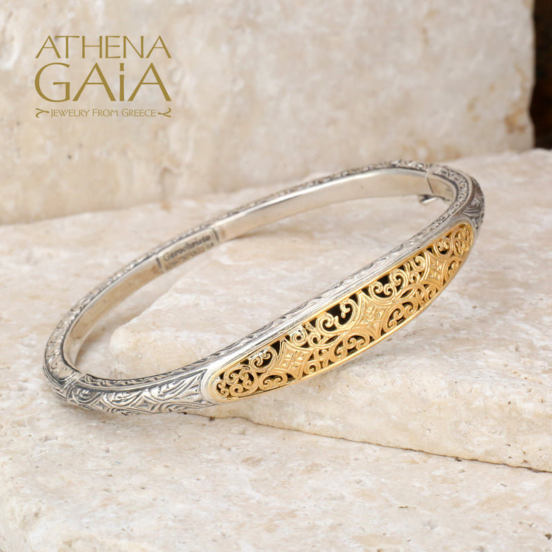 Mediterranean Bracelet - 18k Gold and Sterling Silver - Hinged Bangle Bracelet